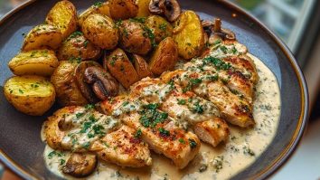 Chestnut Garlic Greek Chicken Alfredo with Sage Potatoes & Mushroom Basil Pesto