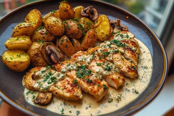 Chestnut Garlic Greek Chicken Alfredo with Sage Potatoes & Mushroom Basil Pesto
