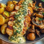 Chestnut Garlic Greek Chicken Alfredo with Sage Potatoes & Mushroom Basil Pesto Cream