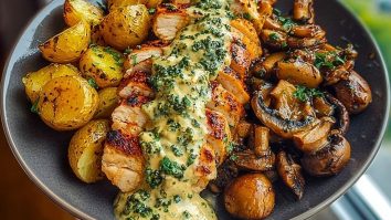 Chestnut Garlic Greek Chicken Alfredo with Sage Potatoes & Mushroom Basil Pesto Cream