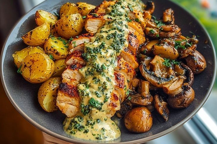 Chestnut Garlic Greek Chicken Alfredo with Sage Potatoes & Mushroom Basil Pesto Cream