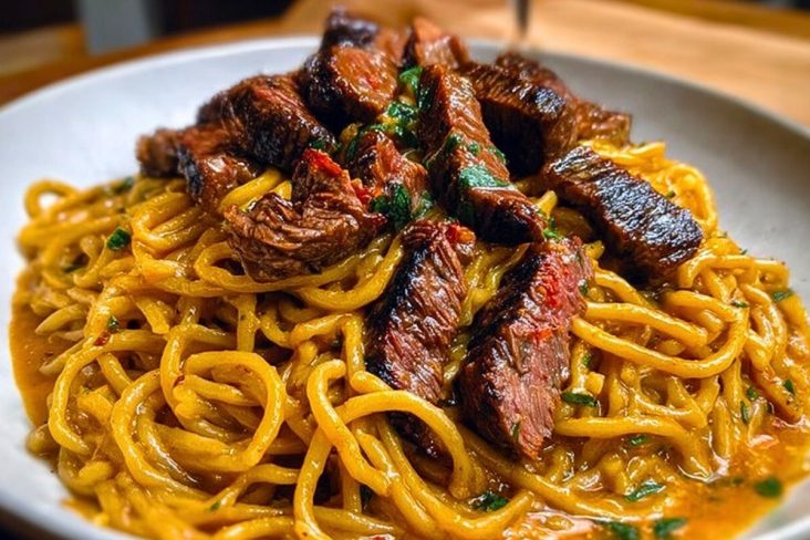 Creamy Cajun Garlic Butter Spaghetti with Beef Strips