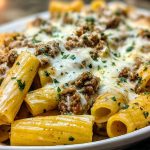 Creamy Cheesy Garlic Butter Rigatoni with Savory Beef
