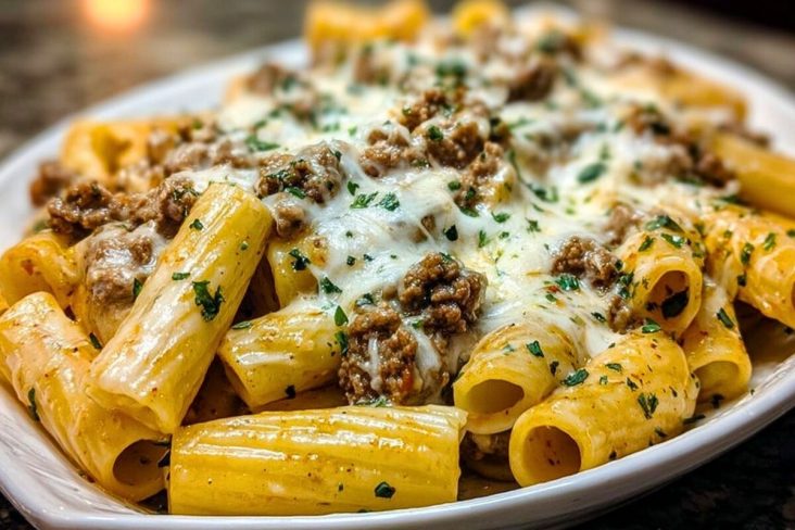 Creamy Cheesy Garlic Butter Rigatoni with Savory Beef