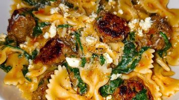 Creamy Garlic Butter Beef Bowtie Pasta with Italian Sausage & Spinach