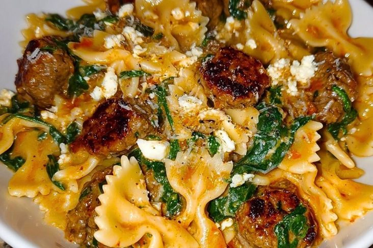 Creamy Garlic Butter Beef Bowtie Pasta with Italian Sausage & Spinach