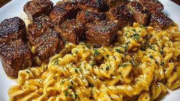 Garlic Butter Steak Bites with Spicy Cajun Alfredo Twisted Pasta