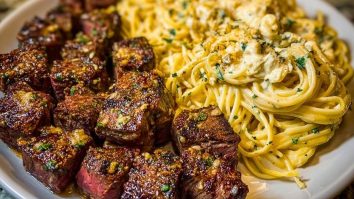 Garlic Butter Steak with Cheesy Linguine in Four-Cheese Sauce