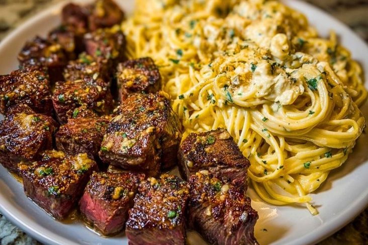 Garlic Butter Steak with Cheesy Linguine in Four-Cheese Sauce