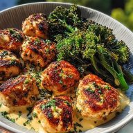 Garlic-Parmesan Chicken Bites with Sun-Dried Tomato Cajun Alfredo & Charred Broccolini