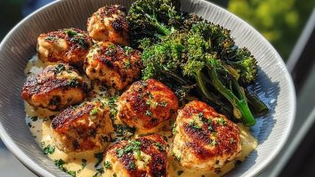 Garlic-Parmesan Chicken Bites with Sun-Dried Tomato Cajun Alfredo & Charred Broccolini