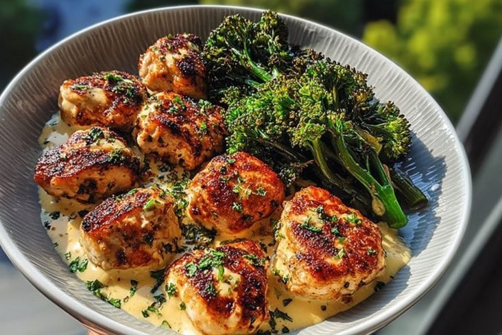 Garlic-Parmesan Chicken Bites with Sun-Dried Tomato Cajun Alfredo & Charred Broccolini