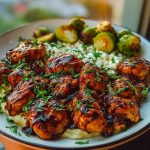 Hot Honey Balsamic Chicken Alfredo with Whipped Feta & Crispy Brussels Chips