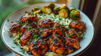 Hot Honey Balsamic Chicken Alfredo with Whipped Feta & Crispy Brussels Chips