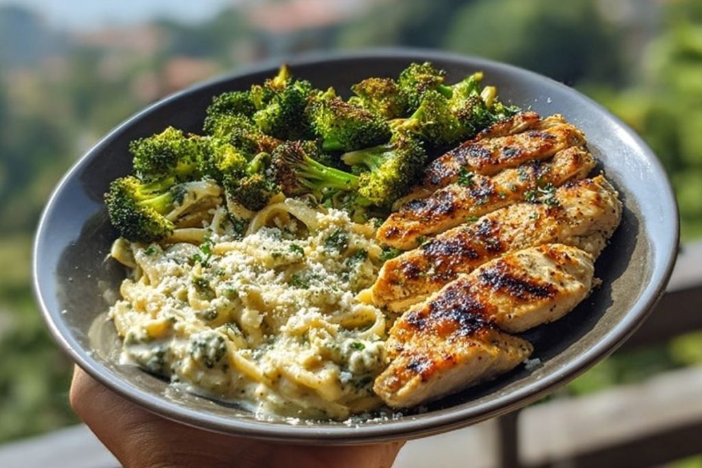Pesto Chicken Alfredo with Spicy Feta Cream & Parmesan Broccoli Crunch