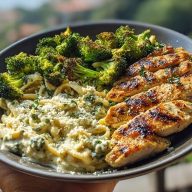 Pesto Chicken Alfredo with Spicy Feta Cream & Parmesan Broccoli Crunch