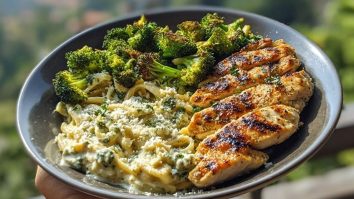 Pesto Chicken Alfredo with Spicy Feta Cream & Parmesan Broccoli Crunch
