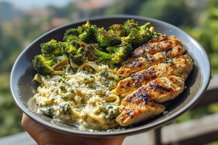 Pesto Chicken Alfredo with Spicy Feta Cream & Parmesan Broccoli Crunch