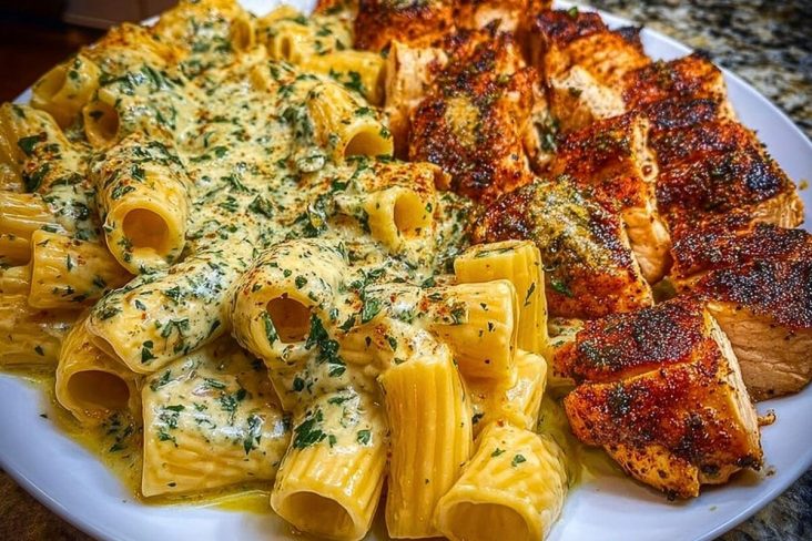 Rigatoni in Cheesy Italian Herb Alfredo with Cajun Chicken