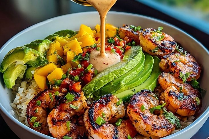 Shrimp and Avocado Bowls with Mango Salsa & Lime-Chili Sauce