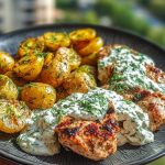Spicy Yogurt Marinated Chicken with Dill Feta Cream & Crispy Baby Potatoes