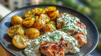 Spicy Yogurt Marinated Chicken with Dill Feta Cream & Crispy Baby Potatoes