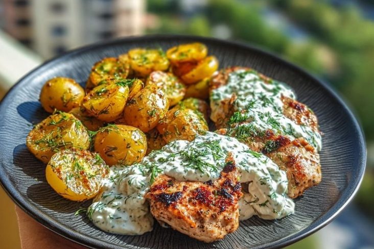 Spicy Yogurt Marinated Chicken with Dill Feta Cream & Crispy Baby Potatoes