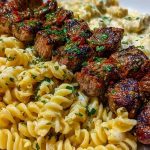 Steak Bites and Cheesy Rotini in Garlic Parmesan Sauce