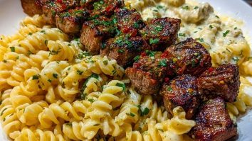 Steak Bites and Cheesy Rotini in Garlic Parmesan Sauce