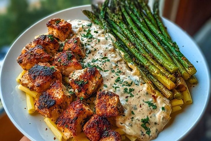 Ultimate Greek Chili Chicken Alfredo Recipe with Smoked Feta Cream & Crispy Parmesan Asparagus
