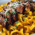Velveeta Steak Fettuccine with Garlic Butter Cream Sauce