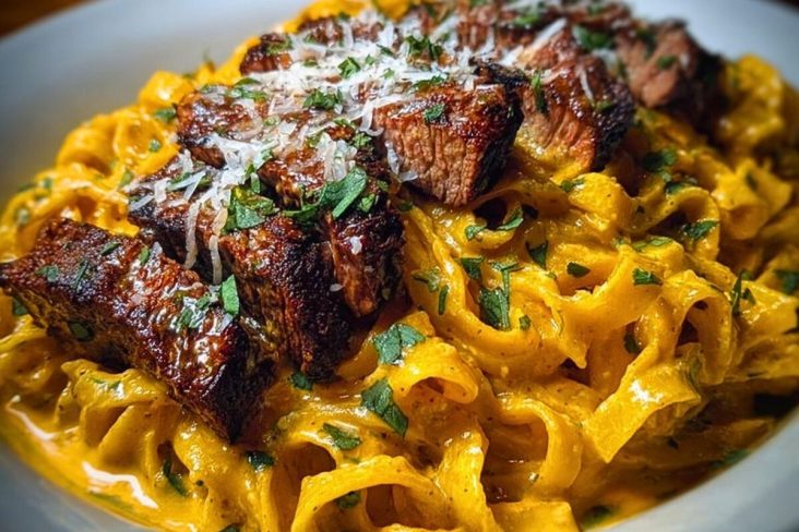 Velveeta Steak Fettuccine with Garlic Butter Cream Sauce