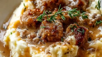 Creamy Roasted Garlic Mashed Potatoes with Savory Sausage Gravy