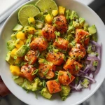 Salmon Bites with Creamy Mango-Avocado Salsa and Lime Zest Bowl