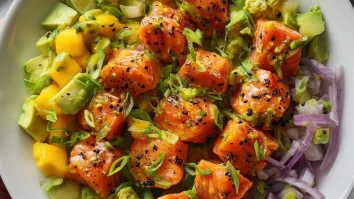 Salmon Bites with Creamy Mango-Avocado Salsa and Lime Zest Bowl