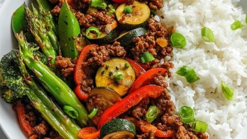 Spicy Ground Beef Stir-Fry Bowl with Garlic Veggies & Steamy Rice